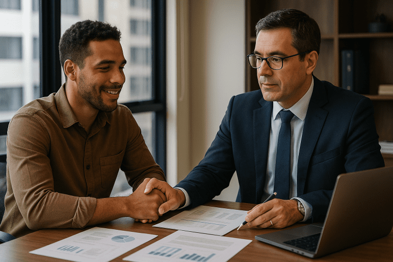 Foto de reunião entre empresário e contador sobre abertura de empresa no Rio de Janeiro em 2026